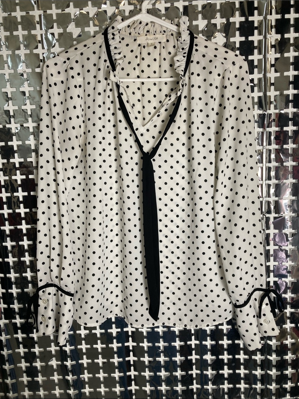 Active USA White Polka Dot Tie-Neck Blouse with Black Trim